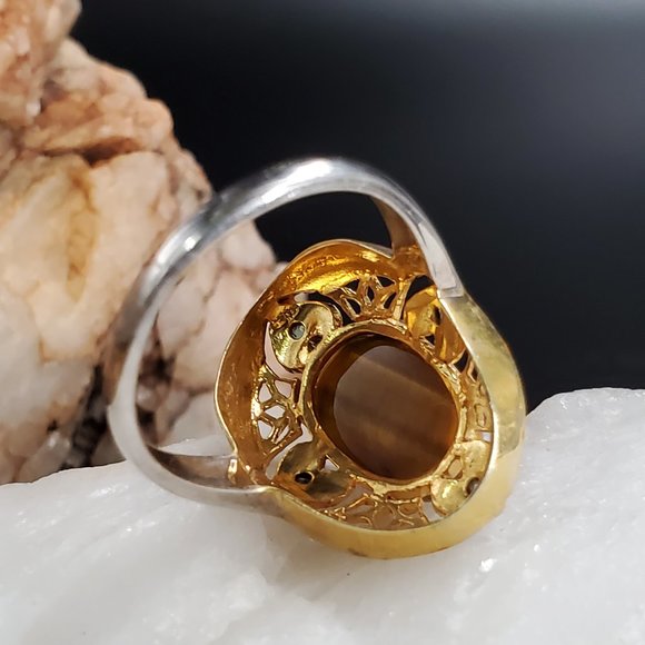 Sterling Silver 925/18k Gold Ring Tiger Eye Raw Diamonds Unique Designer Jewelry - Picture 3 of 10